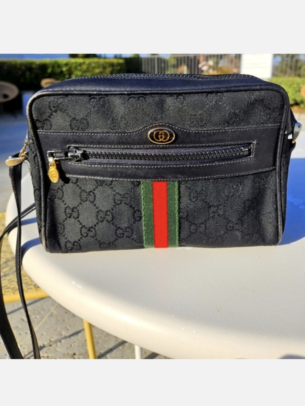 Gucci Vintage Accessory Collection Black GG Monogram Sherry Stripe Crossbody Bag